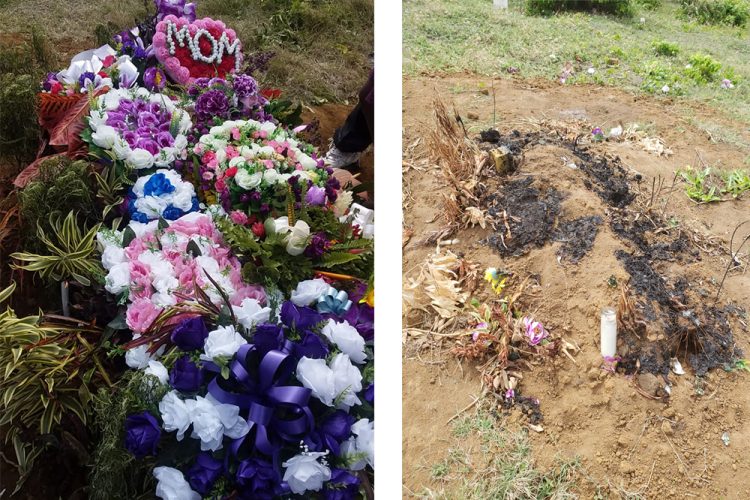 Grave desecrated,  flowers set on fire