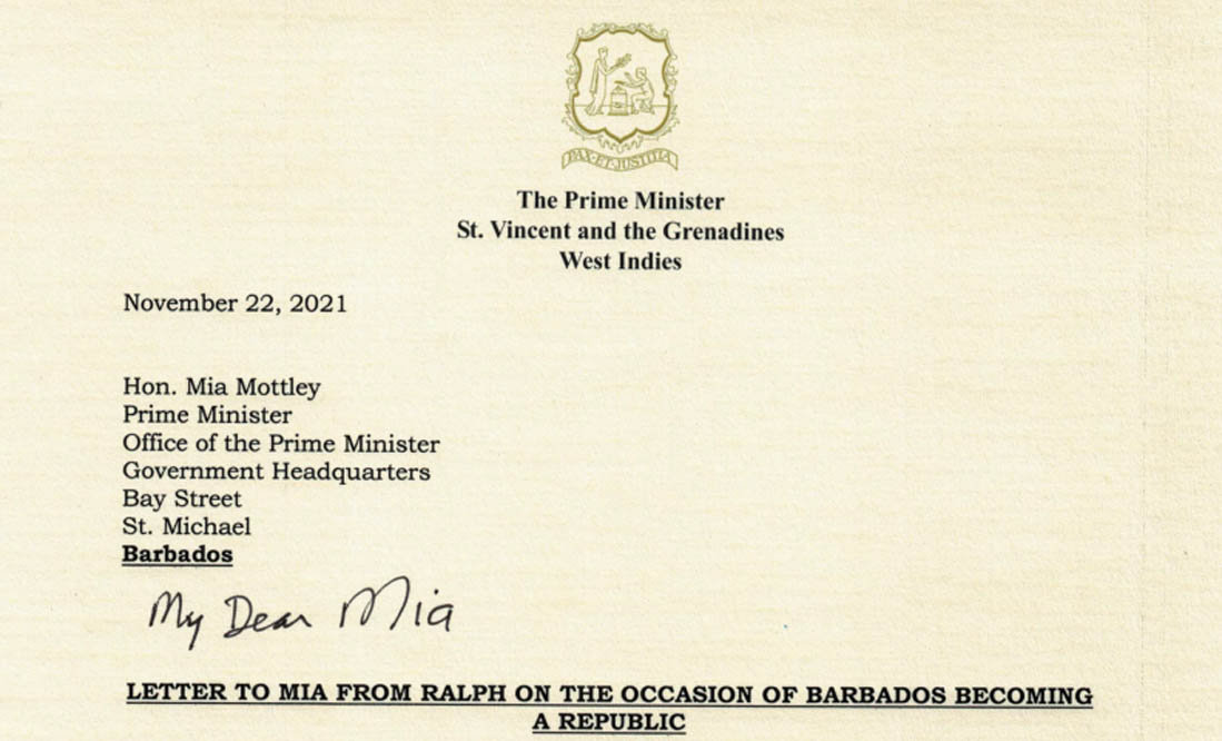 Letter to Mia from Ralph on the occasion of Barbados becoming a Republic - Vimarsana News